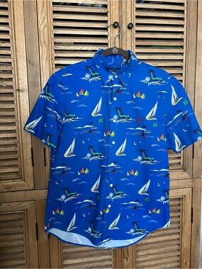 Polo Ralph Lauren Sailboat Print Oxford Shirt Blue Short Sleeve Women’s Medium